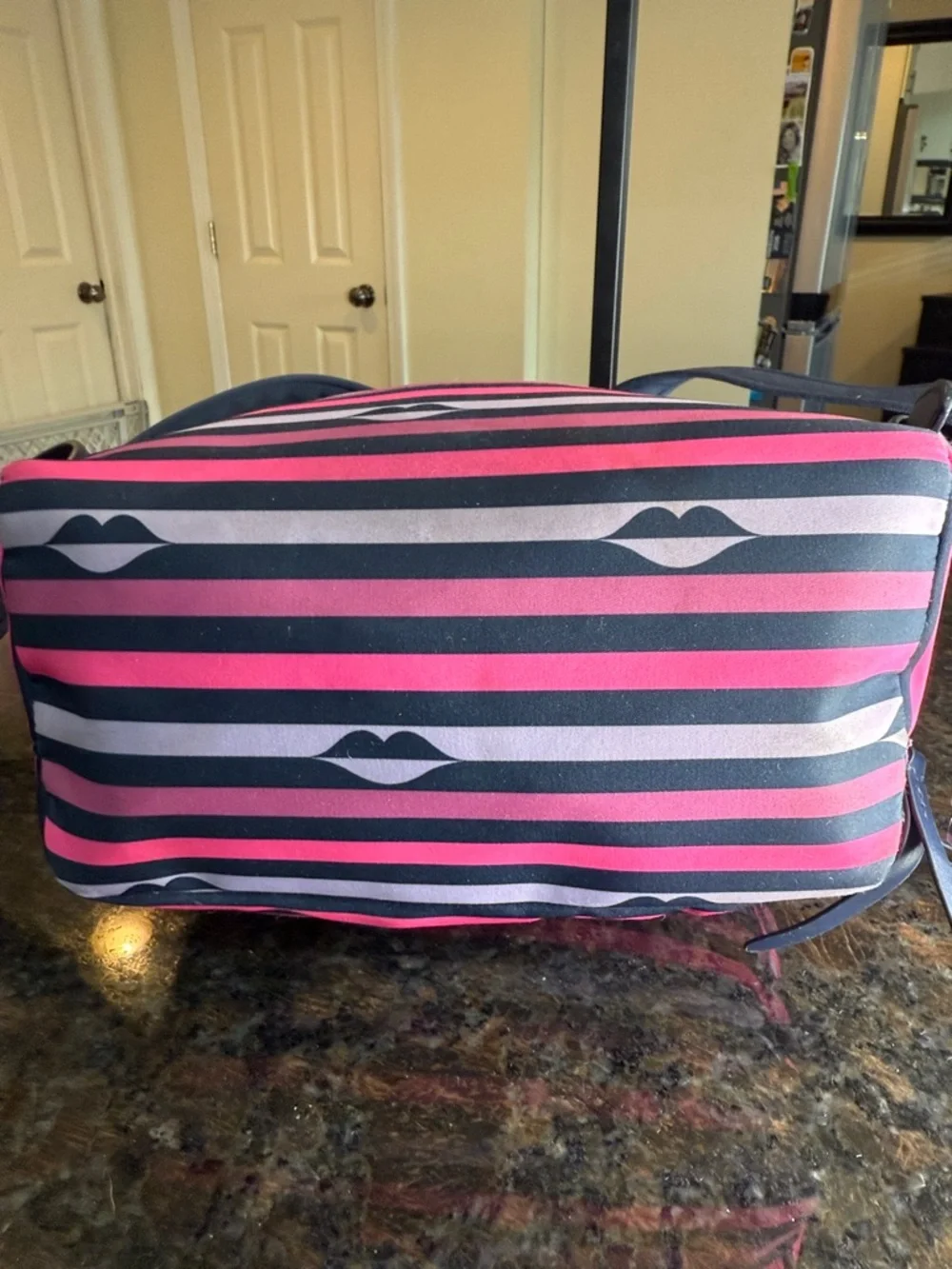 kate spade Navy & Pink Striped Mini Backpack with Lip Motif